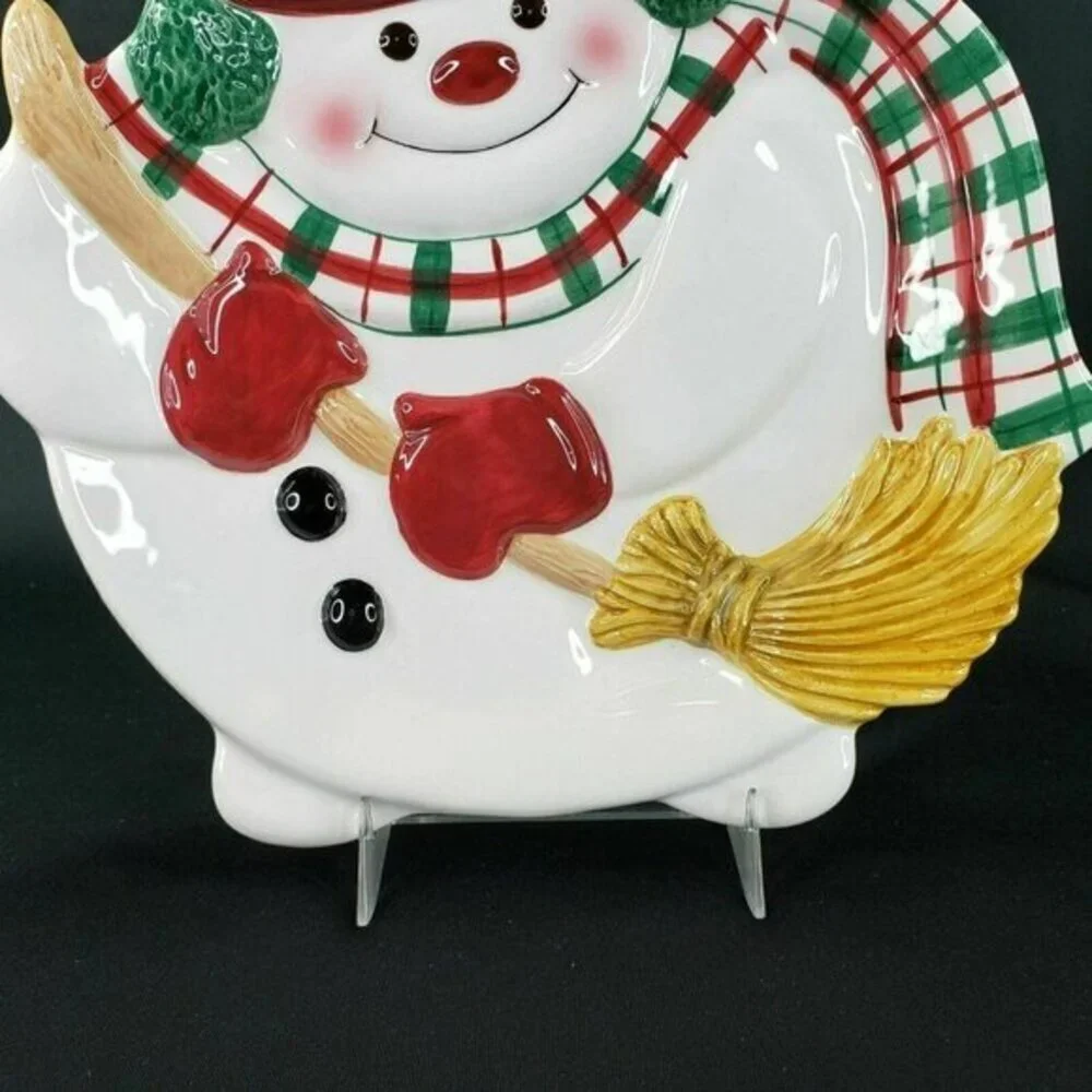Fitz and‎ Floyd Plaid Christmas Snowman Candy Cookie Dish Canape Plate Embossed